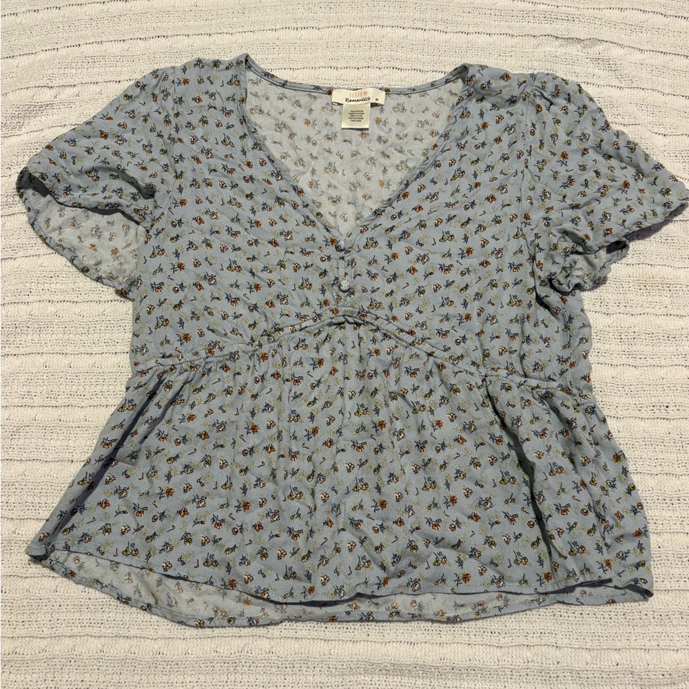 URBAN Romantics Floral Short Sleeve Tee - Light Blue and Peach